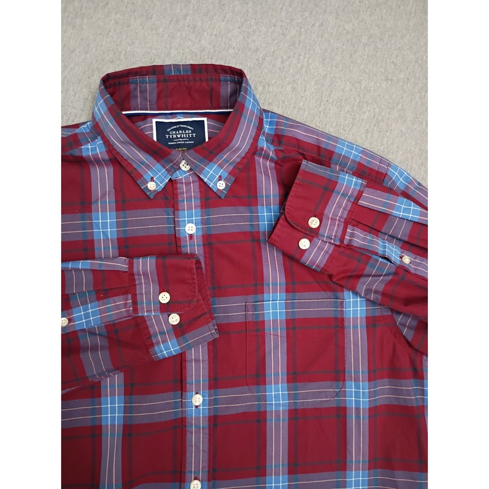 Charles Tyrwhitt Mens Med Slim Fit Non-Iron Plaid Button Down Shirt Red Blue